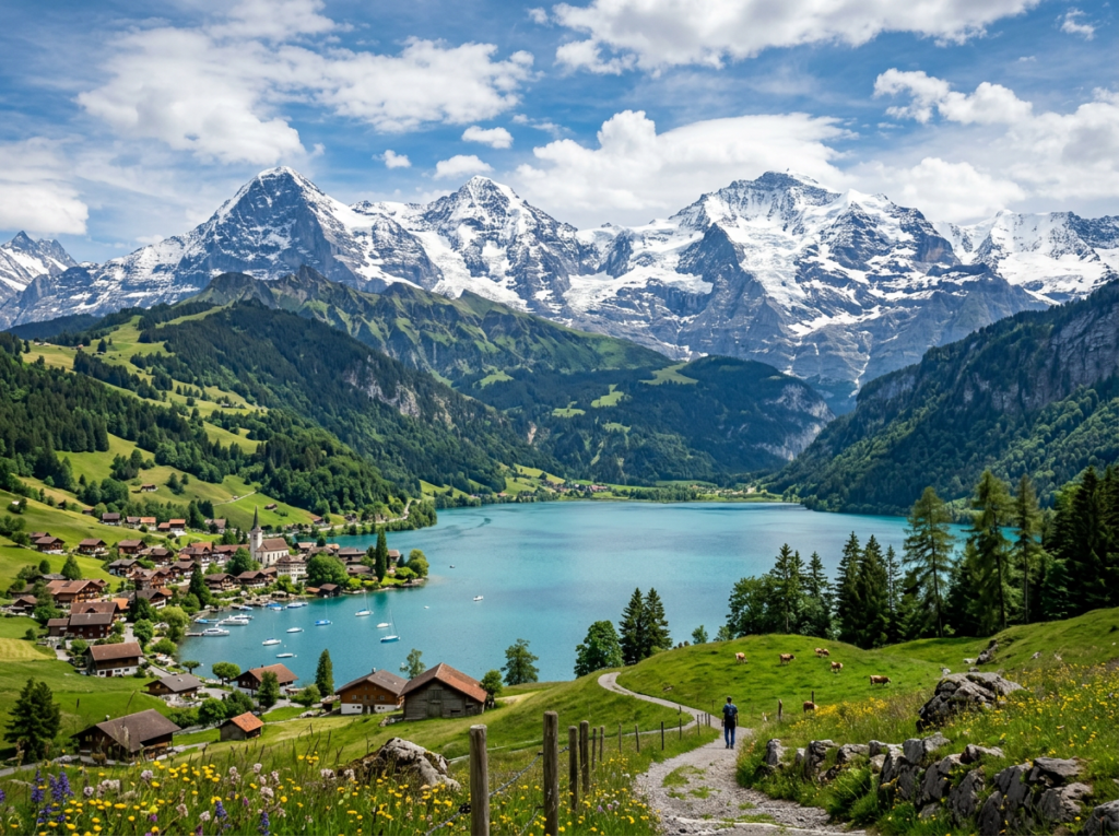 Village by turquoise lake with snow-covered alpine mountains