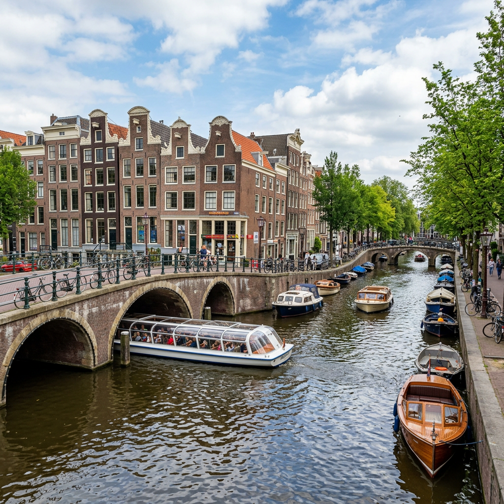 Boats on Amsterdam canal passing under brick arches with historic buildings alongside
