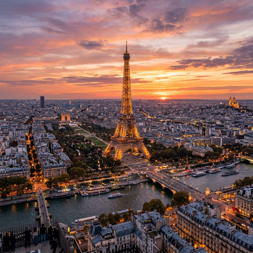 Eiffel Tower glowing at sunset with Paris cityscape and the Seine River