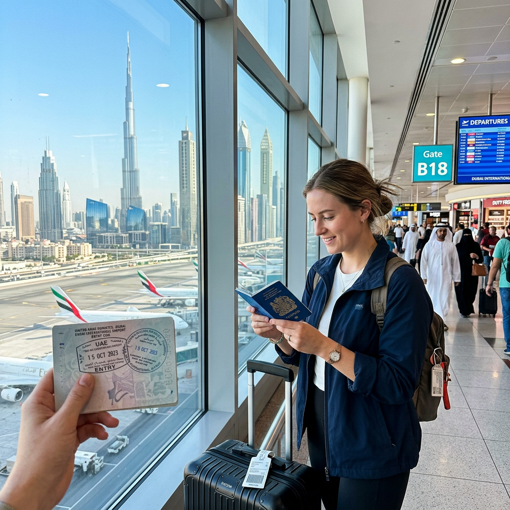 Traveler holding passport and suitcase near airport window showing Dubai skyline