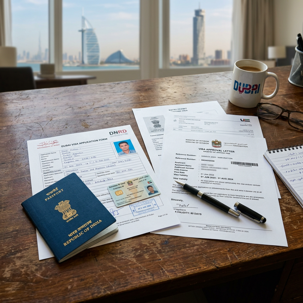 Indian passport, Dubai visa application form, visa approval letter, residency visa documents on wooden desk with pen and coffee mug