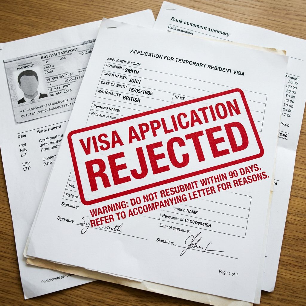 Temporary resident visa application stamped REJECTED in red with bank statement and British passport