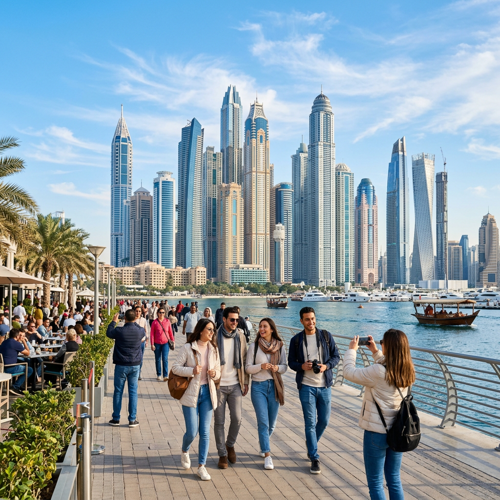 Group of tourists walking and taking photos along Dubai Marina waterfront with tall skyscrapers and boats