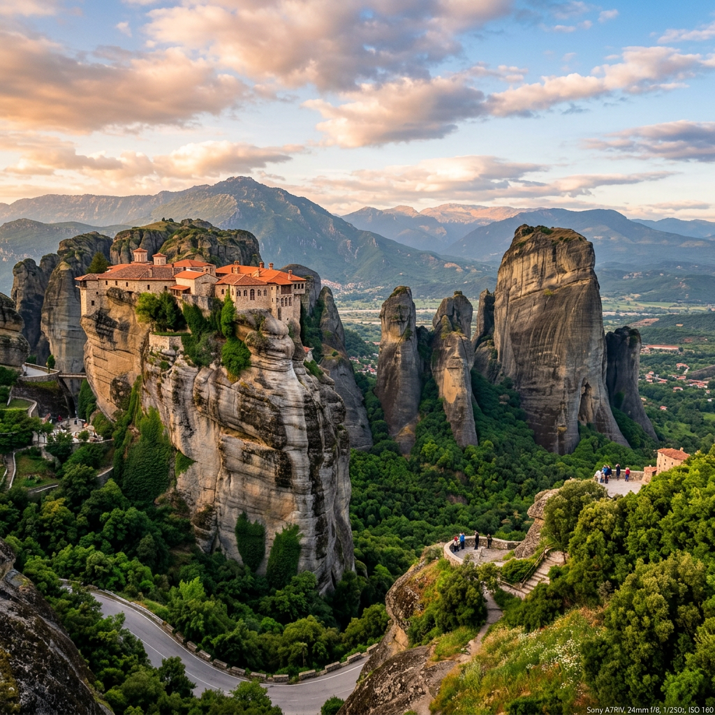Monastery on tall rock formation surrounded by green forests and distant mountains