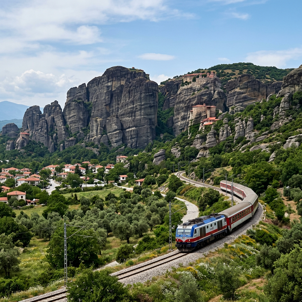 Train traveling on curved tracks through green landscape with Meteora rock formations and monasteries in background